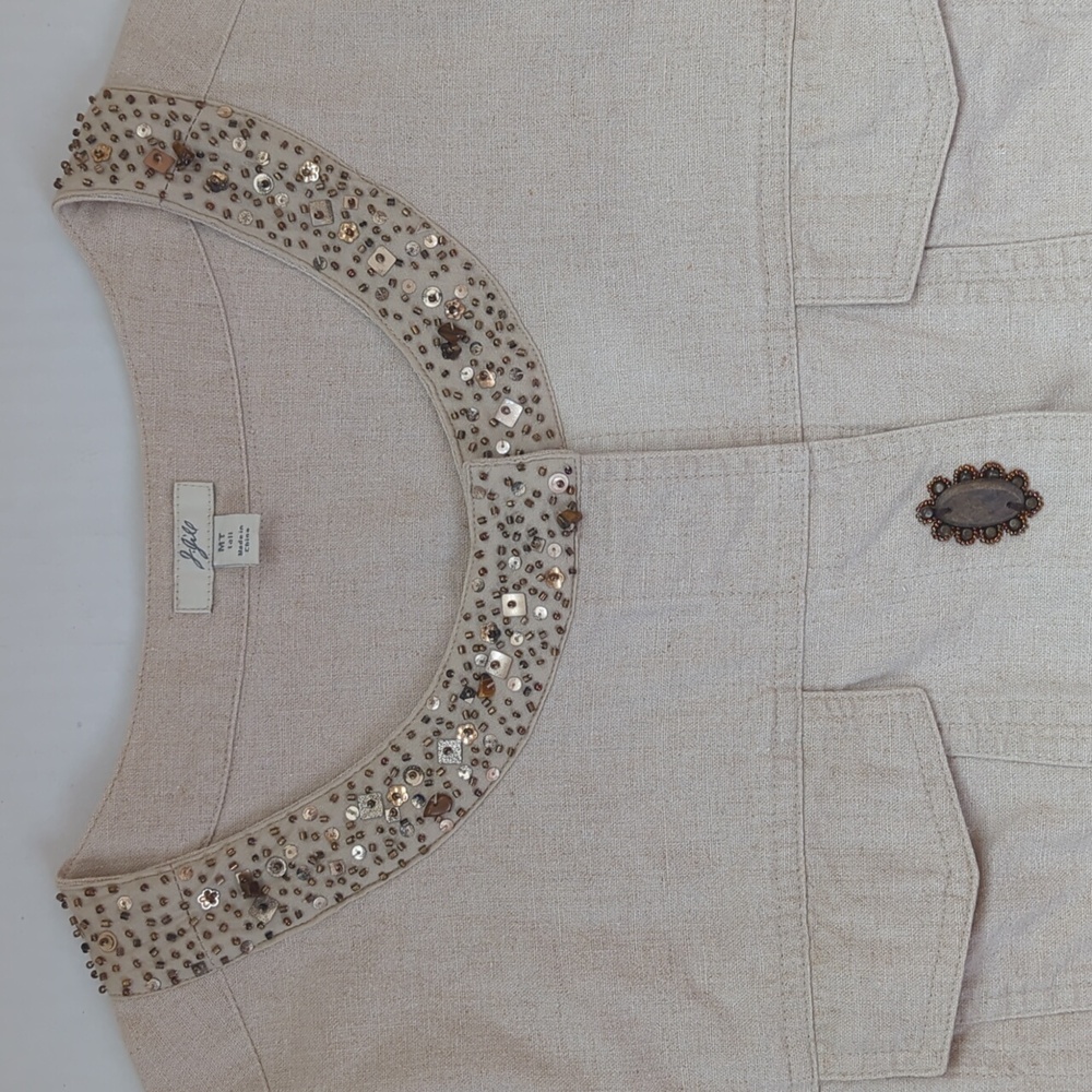 J.Jill Linen Sequin Snap Front Blazer Jacket MT Khaki Tan - Picture 4 of 16
